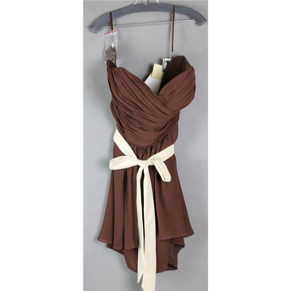 BROWN W/ CREAM SASH VENUS FORMAL DESIGNER DRESS;