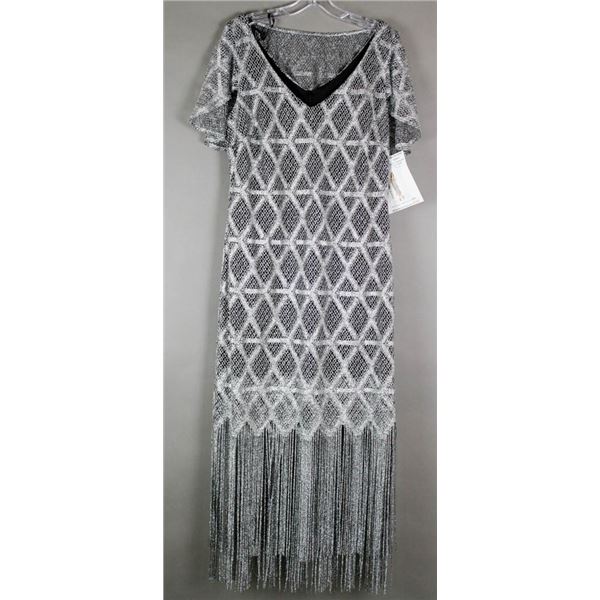 BLACK/ SILVER FRINGE FRANK LYMAN DESIGNER DRESS;