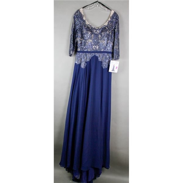 NUDE/ NAVY BLUE LACE TERANI FORMAL DESIGNER DRESS;