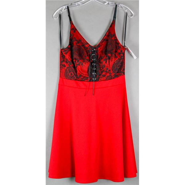 RED W/ BLACK LACE TOP FASHION DRESS;