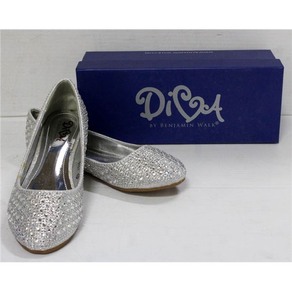 DIVA SILVER RHINESTONE SLIDE ON FLAT FORMAL SHOES;
