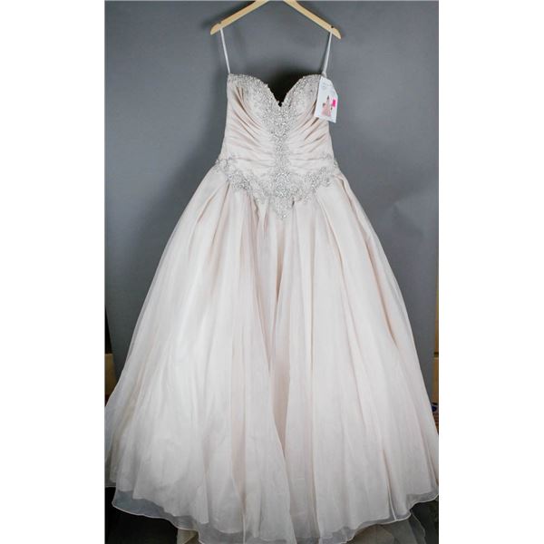 CHAMPAGNE ESSENCE DESIGNER BRIDAL GOWN; SIZE 14
