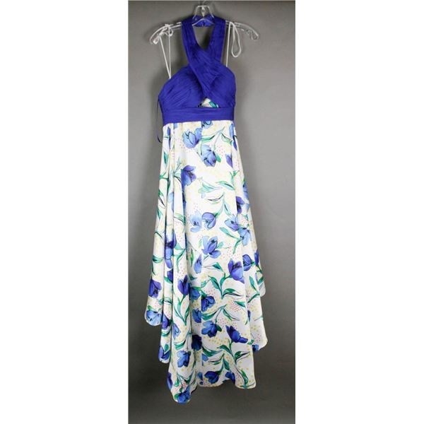 TWO TONE ROYAL BLUE & FLORAL SPLASH DESIGNER DRESS
