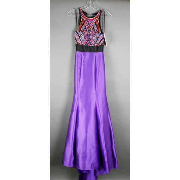 BLACK/ PURPLE BEADED SPLASH DESIGNER FORMAL DRESS;