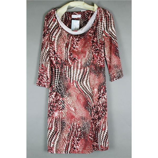 BURGUNDY/ WHITE MARVELLA DESIGNER DRESS; SIZE MED