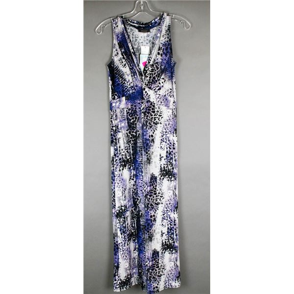 BLUE/ WHITE PRINTED JULIA IMPEX DESIGNER DRESS;
