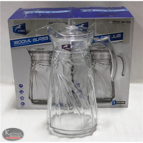 LOT OF 2 NEW 1800ML GLASS PITCHERS W/ LIDS