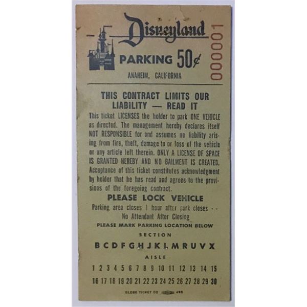 Disneyland 1970's Parking Lot Ticket #000001