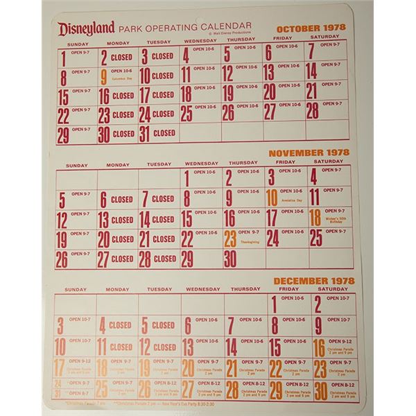 Disneyland 1978 Park Operating Calendar