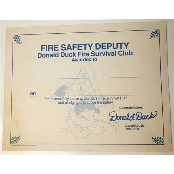 Disney Donald Duck Fire Safety Deputy Certificate