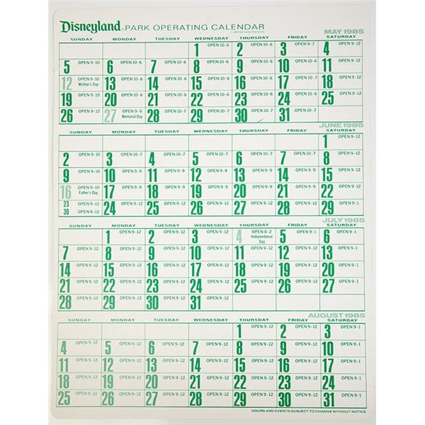 Disneyland 1985 Park Operating Calendar