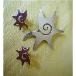 1950's~ STERLING MEXICAN SIGNED EARRINGS/PIN #1753665