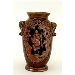 Old Japanese Brown Glaze Vase w Moriage Hotei #1753949