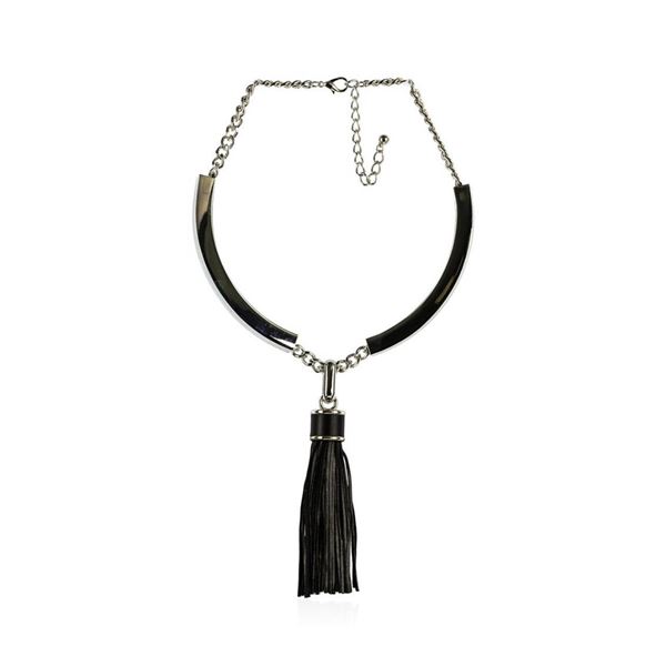 Leather Tassel Pendant Necklace - Rhodium Plated