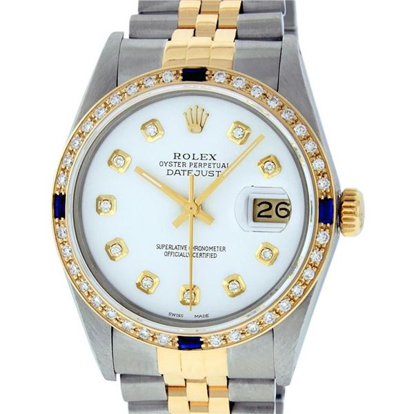 Rolex Mens 2 Tone White Diamond & Sapphire 36 Datejust Oyster Perpetual Wristwat