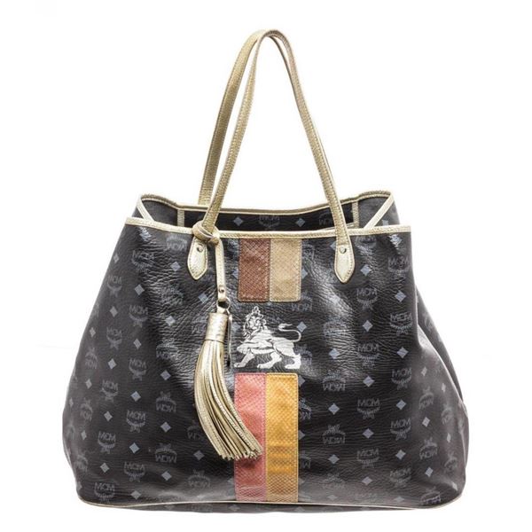 MCM Black Visetos Coated Canvas Lion Shopper Tote Bag