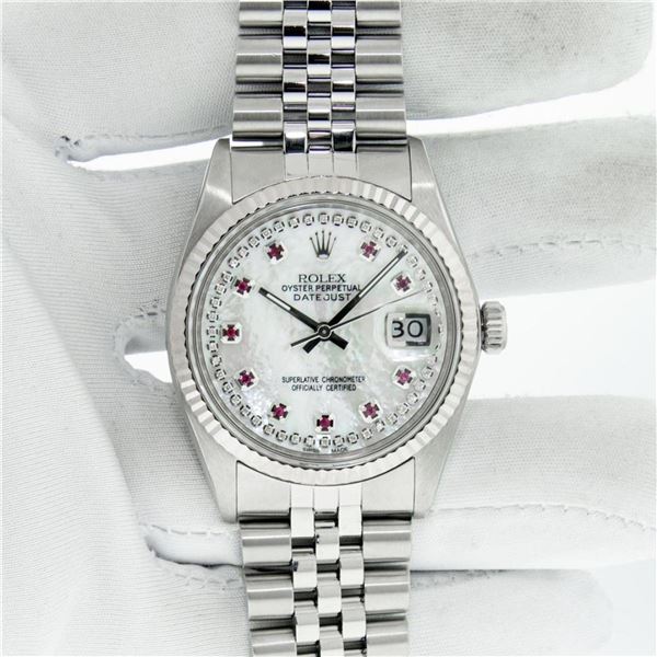Rolex Mens Stainless Steel Mother Of Pearl Diamond & Ruby Datejust Wristwatch Wi