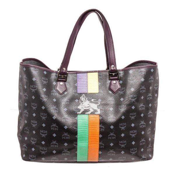 MCM Black Coated Canvas  Leather Lion Shopper Shoulder Bag