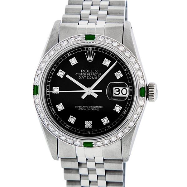 Rolex Mens 36 Datejust Black Diamond & Emerald Oyster Perpetual Serviced Polishe