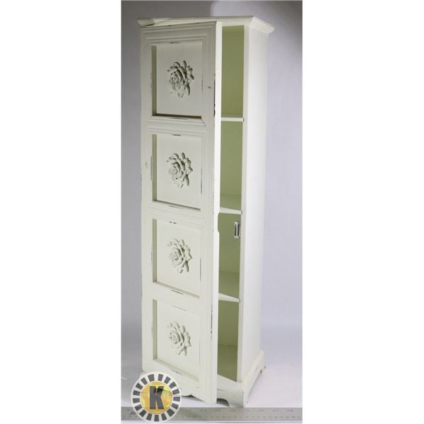WHITE ORNATE WOOD CUPBOARD W/ ROSES ON DRAWERS