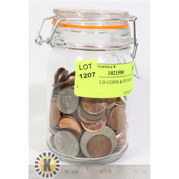 OLD WORLD COINS & PENNIES IN JAR