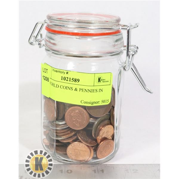 OLD WORLD COINS & PENNIES IN JAR