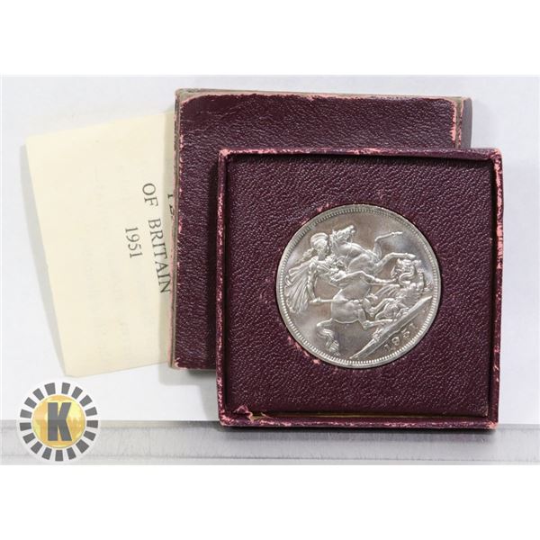 1951 GREAT BRITAIN 1 CROWN COIN IN CASE, BU
