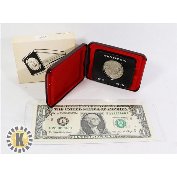 UNC. USA $1 BILL + $1 1970 DOLLAR IN CASE