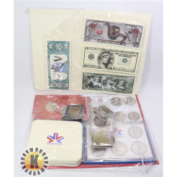 LOT OF COMMERATIVE & TRADE DOLLARS + NOVELTY BILLS
