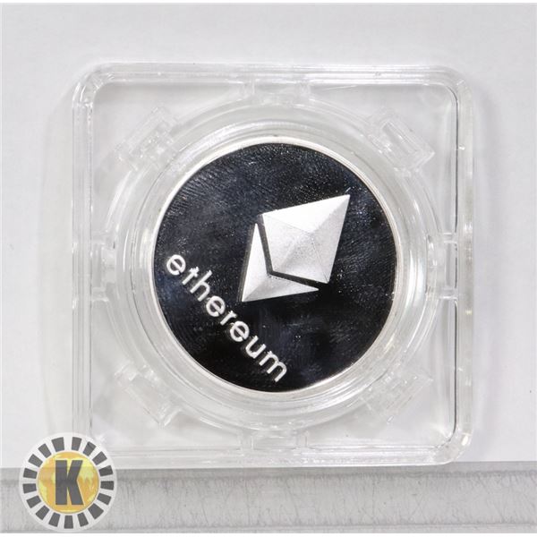 SILVER PLATED ETHEREUM COIN IN ROTATING CASE