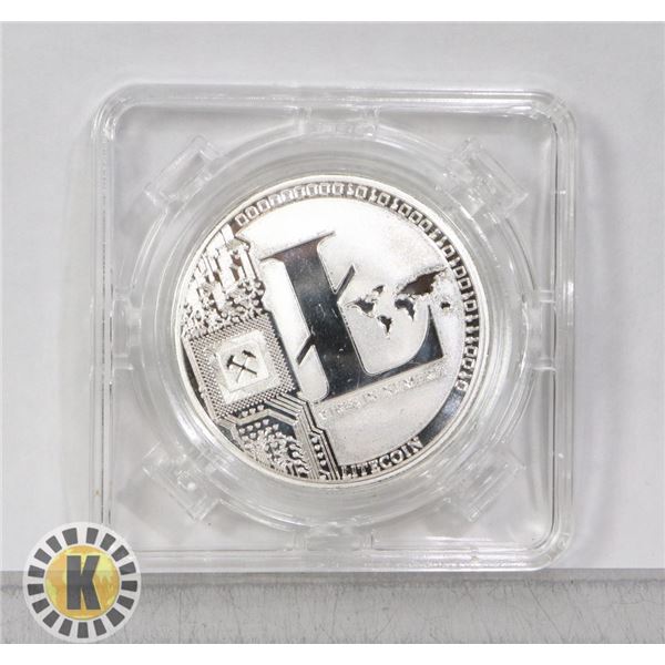 SILVER PLATED LITECOIN CRYPTO COIN IN ROTATING CAS