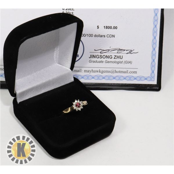 14K GOLD RUBY/DIAMOND CLUSTER RING SIZE 9.5