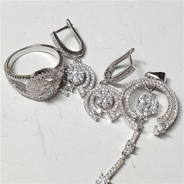 SILVER CUBIC ZIRCONIA EARRING, RING