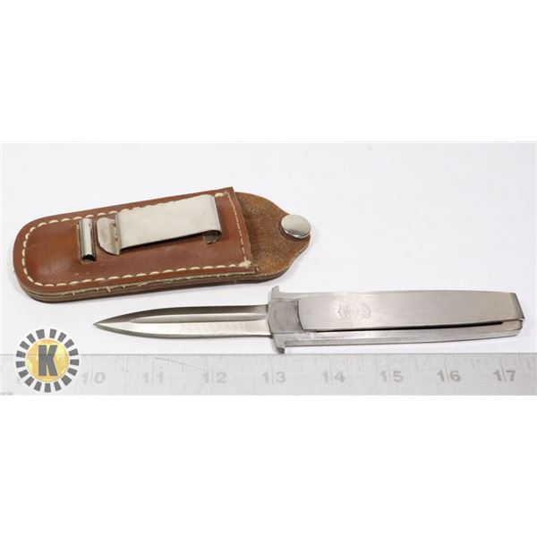SILVER JACKNIFE WITH BROWN LEATHER CASE