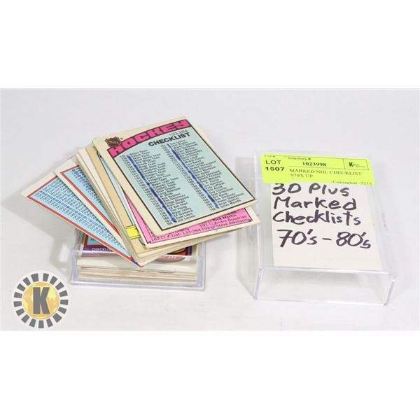 30 PLUS MARKED NHL CHECKLIST CARDS 1970'S UP