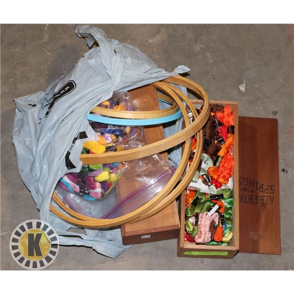 LOT OF EMBROIDERY THREAD & HOOPS