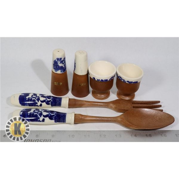 6 PIECE WOOD AND PORCELAIN KITCHEN UTENSIL SET