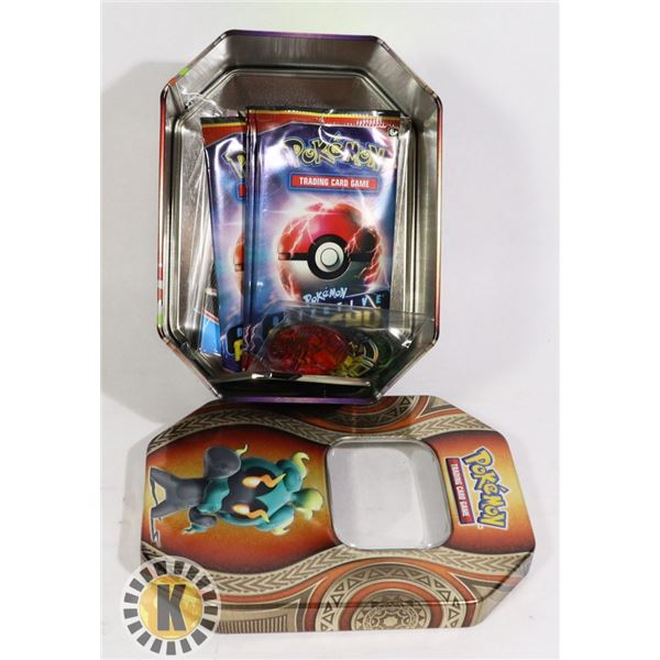 POKEMON x4 BOOSTERS, MINI BINDER ETC. TIN