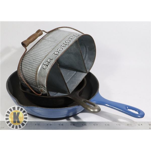 CAST IRON PANS PAIR & TIN WASHED UP TIN