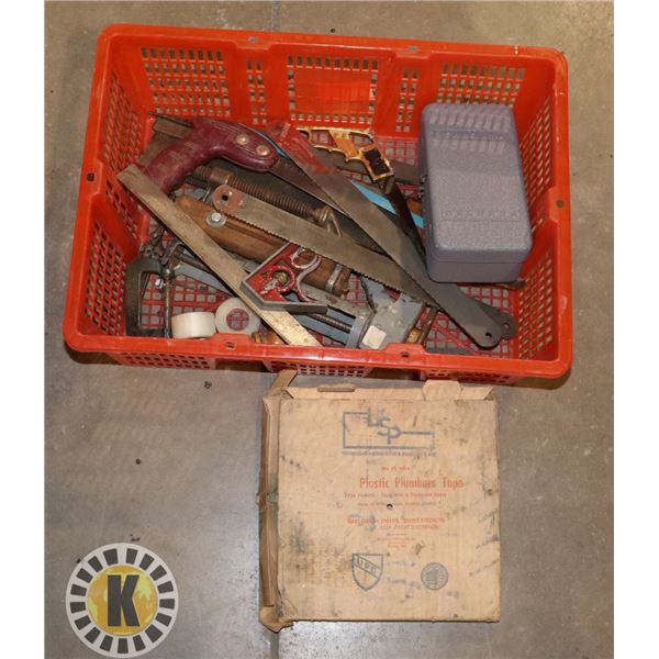 ASSORTED BASKET WITH TOOLS INCLUDES A HAND SAW