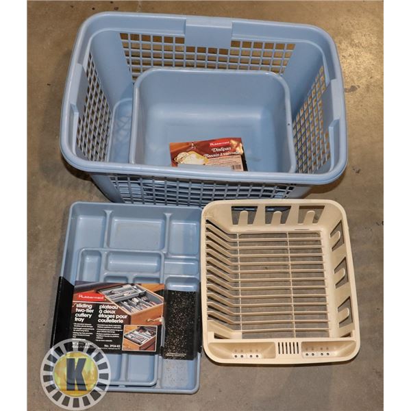PLASTIC BASKET WITH ASSORTED PLASTIC CONTAINERS
