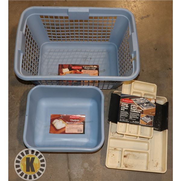 PLASTIC BASKET WITH ASSORTED PLASTIC CONTAINERS