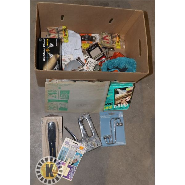 BOX OF ASSORTED ITEMS INCLUDES STAPLE GUN
