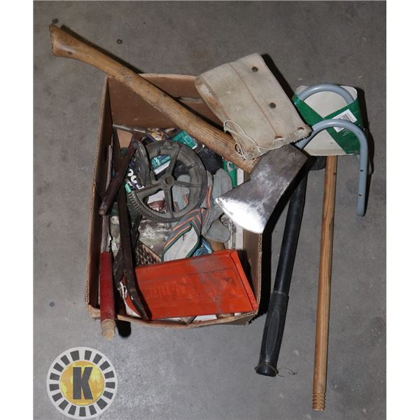 ASSORTED BOX OF TOOLS INCLUDES AN AXE