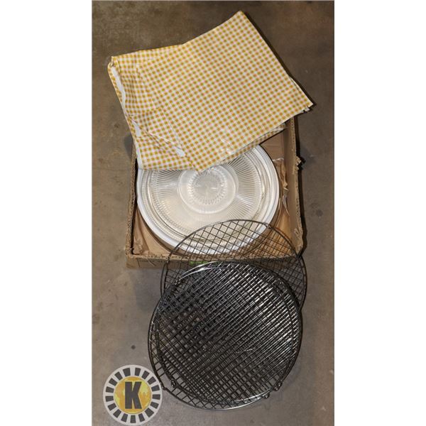 BOX OF SERVING ITEMS INCLUDING COOLING TRAYS
