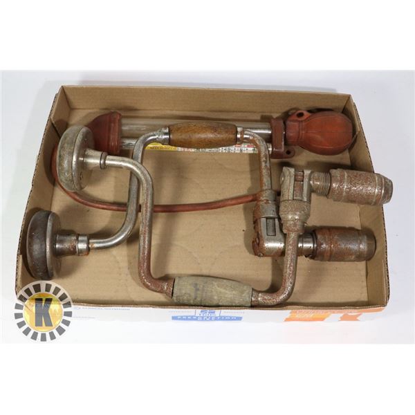 ANTIQUE ALCOHOL PUMP AND A HAND DRILL SPINNER