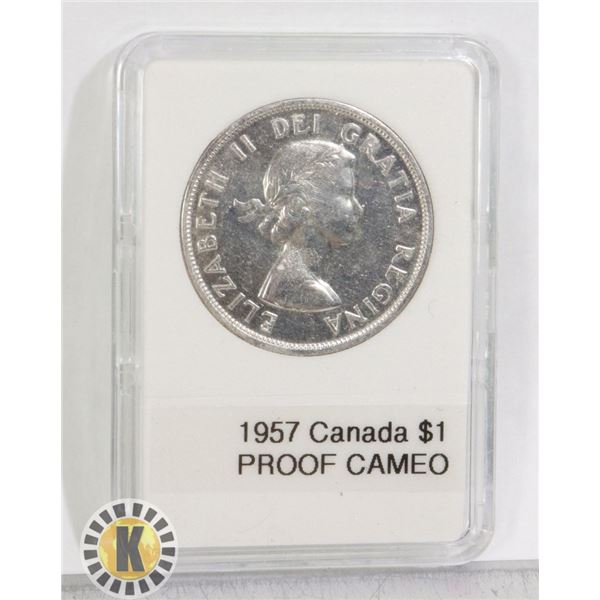 CAN. 1957 SILVER $1, PROOF CAMEO, 1 WL VARIETY