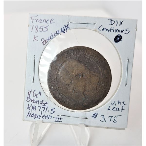 18) FRENCH 1855 10 CENTIMES BRONZE COIN,