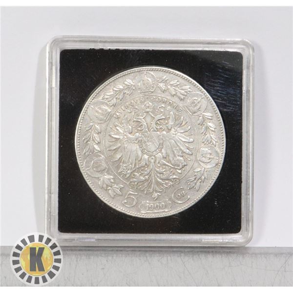 AUSTRIA 1909 LARGE SILVER 5 CORONA COIN