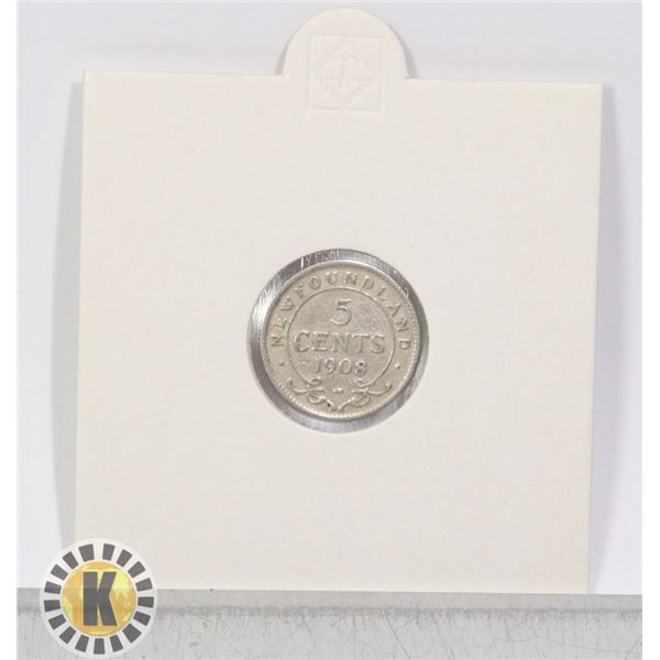 1908 NEWFOUNDLAND SILVER 5 CENT EDWARD VII